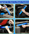 15 Inch Offset Extension Wrench Set For Tight Spaces, Impact Ready Ratchet Extension Tool shown installed in various positions