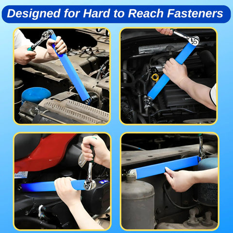 15 Inch Offset Extension Wrench Set For Tight Spaces, Impact Ready Ratchet Extension Tool shown installed in various positions