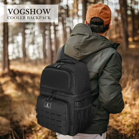 Man wearing heavy duty insulated double deck cooler backpack with 36 can capacity, leakproof liner, easy access pockets in forest