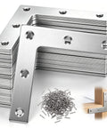 40 Pcs L Shaped Stainless Steel Corner Braces With 200 Mounting Screws, showing stacked L-shaped brackets, screws, and application example.