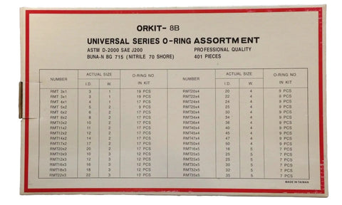 Chart showing sizes and quantities of O Ring Kit Buna N 70A Durometer Black 401 Pieces In 32 Sizes With Plastic Case for sealing.
