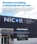 Exterior view of NICOR Lighting Technology Center building with signage during daytime.