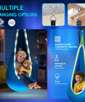 Light Up Pod Swing Seat For Kids With LED Lights, Sensory Hammock Chair in use indoors with playful kids, showcases hanging options.