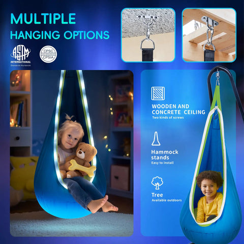 Light Up Pod Swing Seat For Kids With LED Lights, Sensory Hammock Chair in use indoors with playful kids, showcases hanging options.