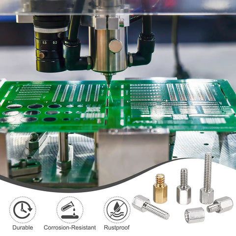 Heavy Duty 24 Pack 4-40 Thread 6mm Nickel Plated Copper Hex Standoffs Built Tough PCB Motherboard Spacer Kit on circuit board.