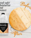 Top Notch Ultrapure Mineral Oil For Cutting Boards And All Wood Care 1 Gallon Fragrance Free Food Grade Made In USA product with cutting board before and after application
