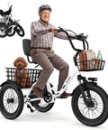FatGo1 1000W Folding Electric Tricycle for Adults With Basket Fat Tire 3 Wheel Ebike 48V 648Wh Removable Battery Step Through Frame Pedal Assist Up to 55 Miles City Cruiser for Seniors, man riding with front basket and rear pet basket
