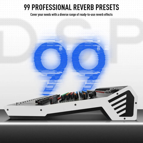 Side view of 16 Channel Audio Mixer With Bluetooth And USB Playback 99 DSP Effects Digital Mixing Console angled display