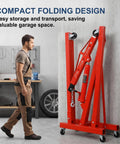 Hella Solid Heavy Duty Folding Engine Hoist And Portable Cherry Picker Shop Crane With Adjustable Boom and Rolling Casters for Four Thousand Pound Lifting Power in compact storage design.
