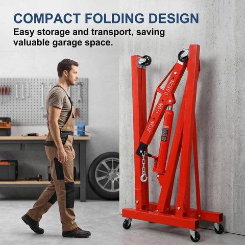 Hella Solid Heavy Duty Folding Engine Hoist And Portable Cherry Picker Shop Crane With Adjustable Boom and Rolling Casters for Four Thousand Pound Lifting Power in compact storage design.