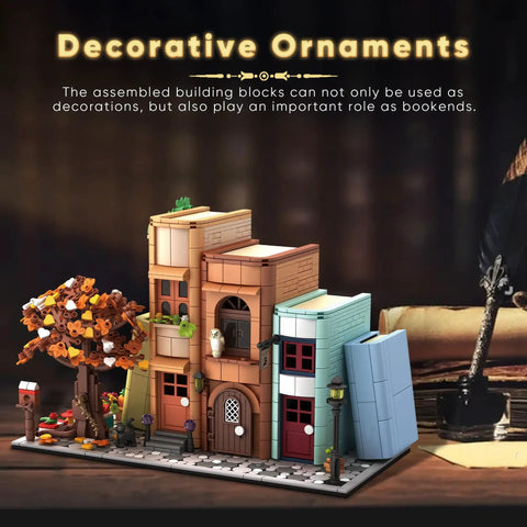 Magical House Bookend Kit With Over 1400 Building Blocks DIY Miniature House Model For Bookshelf in decorative setting.