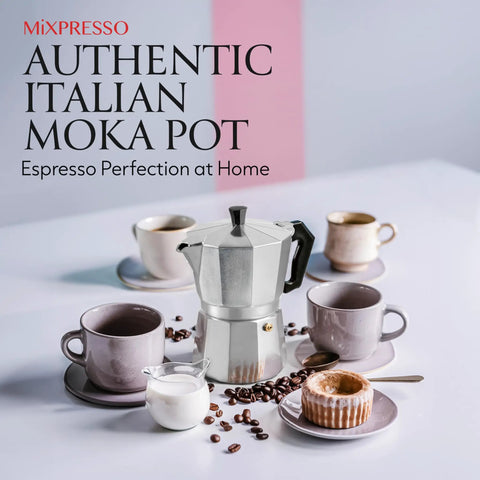 3 Cup Aluminum Moka Pot Stovetop Espresso Maker for Gas and Electric Stoves surrounded by cups and saucers.