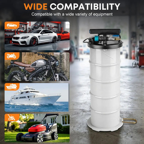 Gearhead Ready Dual Mode 6.5L Oil Extractor Pump with compatibility visuals for various vehicles in garage setting