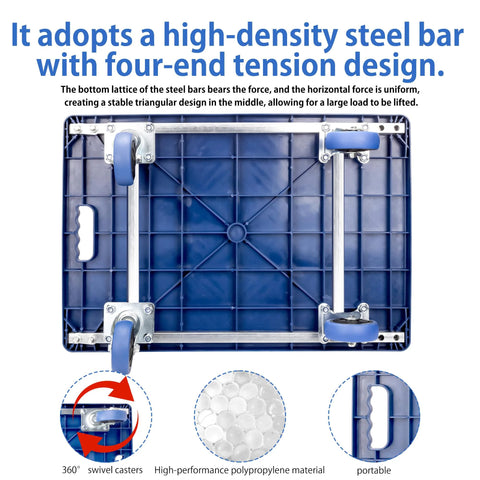 Underside view of foldable push cart dolly showing steel bar design, 360° swivel wheels, and handles for lifting and storage.
