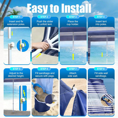 Installation steps for Eight By Eight Foot Beach Cabana Tent With Sun Shield UPF 50 Plus Foldable Outdoor Canopy Detachable Side Wall