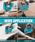 Cerycose cordless jigsaw with laser guide; teal body shown in four views cutting wood and PVC
