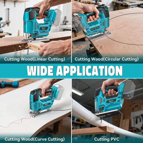 Cerycose cordless jigsaw with laser guide; teal body shown in four views cutting wood and PVC