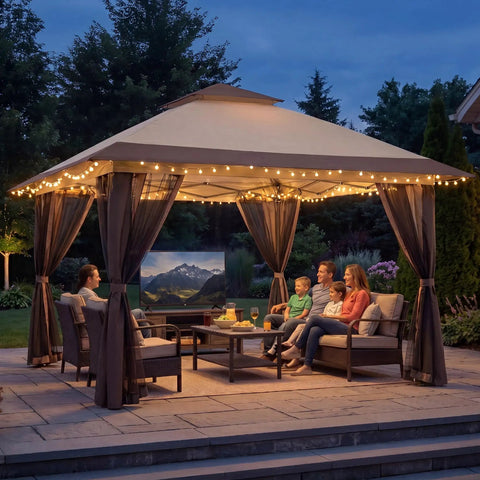 13x13 Pop Up Gazebo With Mosquito Netting, Quick One Push Setup, No Tools, Adjustable Heights, Includes 4 Sandbags And Carrying Bag