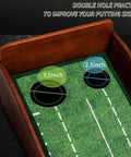 Indoor Putting Green With Auto Ball Return For Home Or Office No Hump Design showing practice mat with two holes and size indicators