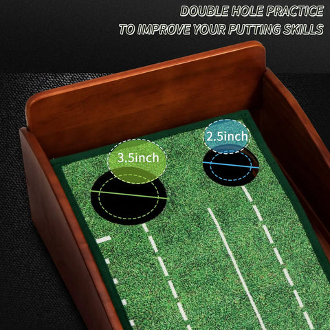 Indoor Putting Green With Auto Ball Return For Home Or Office No Hump Design showing practice mat with two holes and size indicators