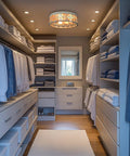 Rustic Farmhouse 3 Light Flush Mount Ceiling Light With Metal Cage Drum Shade, illuminating walk-in closet.