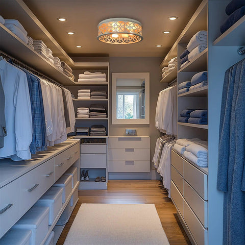 Rustic Farmhouse 3 Light Flush Mount Ceiling Light With Metal Cage Drum Shade, illuminating walk-in closet.