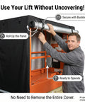 Heavy Duty Scissor Lift Cover 75 X 34 X 87 Inch Tough As Nails Aerial Guard shown rolling up panel for easy access.