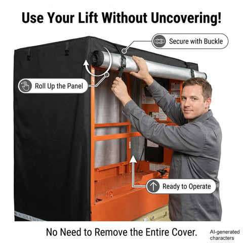 Heavy Duty Scissor Lift Cover 75 X 34 X 87 Inch Tough As Nails Aerial Guard shown rolling up panel for easy access.