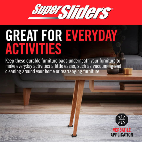 Slide Heavy Items With No Struggle Peel And Stick Floor Savers Round Furniture Sliders For Carpet gliding under a wooden table leg.