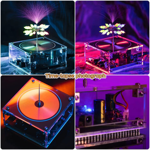 Time-lapse of Bluetooth Music Tesla Coil Arc Plasma Loudspeaker Desktop Experiment Toy Model SSTC SS02 with LED light.