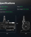 Side view of VIVOSUN 4500 GPH submersible pond pump with black housing; 9.3 in long, 11.5 in tall.