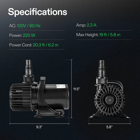 Side view of VIVOSUN 4500 GPH submersible pond pump with black housing; 9.3 in long, 11.5 in tall.