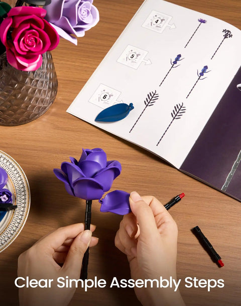 Purple Rose Bouquet Building Kit For Adults And Women, lifelike 12-piece plastic floral set with assembly guide and stems