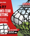 Close-up view of 5-ply anti-tear netting on a 10x7ft Golf Net With Chipping Mat And Silk Target, withstands 200 mph speeds.