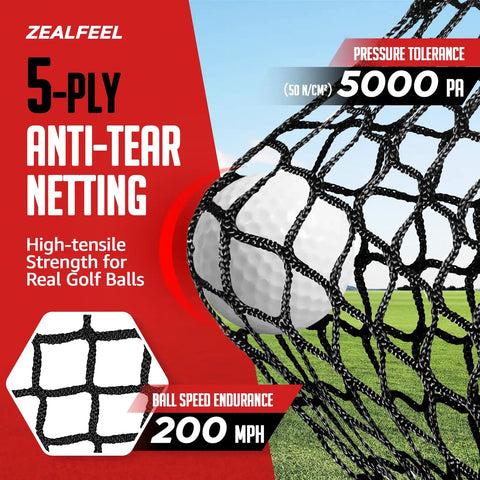 Close-up view of 5-ply anti-tear netting on a 10x7ft Golf Net With Chipping Mat And Silk Target, withstands 200 mph speeds.