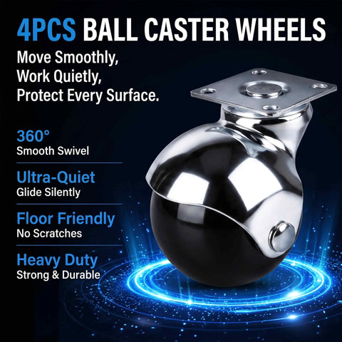 Heavy Duty 2 Inch Ball Casters Without Brake Set Of 4 Chrome Swivel Furniture Wheels Steel Mount Plate shiny design close-up