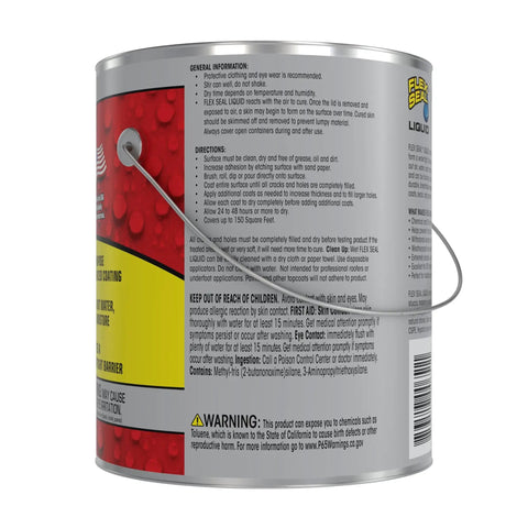 Side view of a 1 gallon can of Liquid Rubber Coating Sealant For Waterproof, Flexible, UV Resistant Protection with instructions visible.