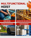 3-in-1 electric hoist winch with orange body and hook; shows home repairs, construction, towing, goods transport.