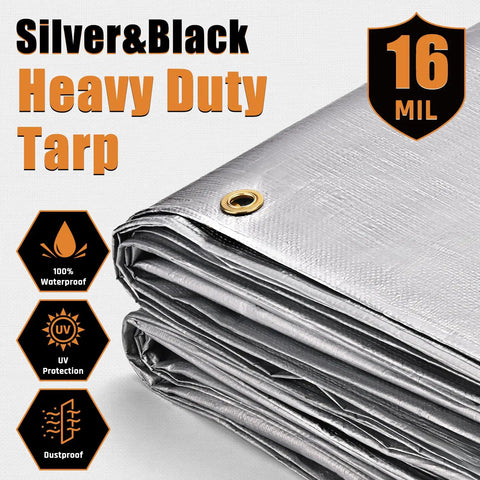 Beefy 12x20 Ft Waterproof Tarp 16 Mil Heavy Duty Poly Tarp With Reinforced Edges And Brass Grommets, UV Blocking, Tear Resistant