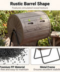 Dual Chamber Compost Bin With 360 Degree Rotating Tumbler 37.5 Gallon Outdoor Bin On Sturdy Metal Stand Lockable Doors BPA Free Plastic Ideal For Kitchen Garden And Yard Waste with rustic barrel shape and wood texture.