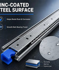 Beefy Full Extension Heavy Duty Drawer Slides With Ball Bearings, Quiet Smooth Glide, Side Mount Rails For Cabinets And Tool Chests, High Capacity Load, Rust Resistant Steel, Easy Install, 3 Fold Extension zinc-coated steel rail close-up with water droplets