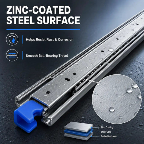 Beefy Full Extension Heavy Duty Drawer Slides With Ball Bearings, Quiet Smooth Glide, Side Mount Rails For Cabinets And Tool Chests, High Capacity Load, Rust Resistant Steel, Easy Install, 3 Fold Extension zinc-coated steel rail close-up with water droplets