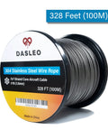 304 Stainless Steel Wire Rope 1/16 Inch X 328 Foot Spool With 7X7 Flexible Design displayed on a black spool.