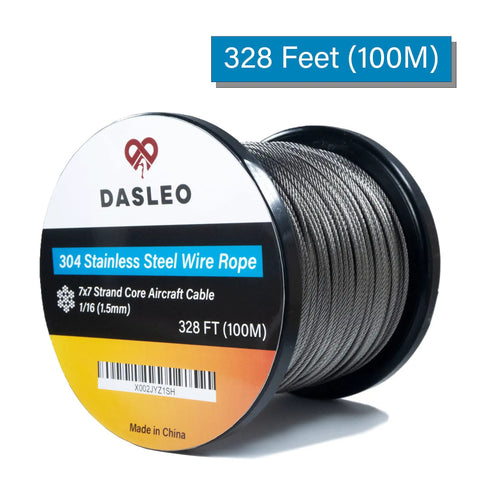 304 Stainless Steel Wire Rope 1/16 Inch X 328 Foot Spool With 7X7 Flexible Design displayed on a black spool.