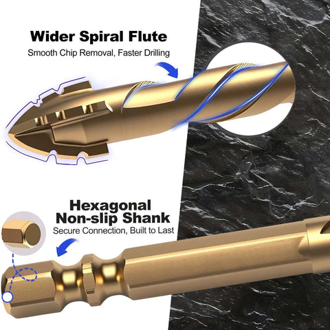 Close-up of LITDDDW 10-piece masonry drill bit set with gold carbide bits and hexagonal non-slip shanks (3/16–1/2 in).
