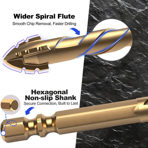 Close-up of 1/4 Inch Masonry Drill Bit Set 5 Pack with carbide tips, showing serrated blade and hexagonal non-slip shank for DIY use