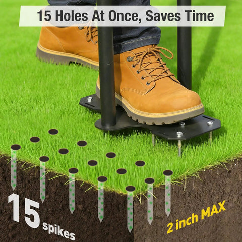 Person using Step Through Lawn Aerator Tool With Full Foot Pedal for joint friendly ergonomic leg power, showing 15 spikes at 2-inch depth.
