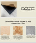 Illustration of peel and stick carpet tile installation with wood, vinyl, and concrete subfloor options.