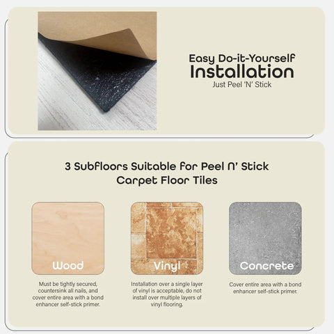 Illustration of peel and stick carpet tile installation with wood, vinyl, and concrete subfloor options.