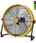 16 Inch Battery Powered Floor Fan With 2500 CFM High Velocity Airflow, yellow frame, black stand, includes 15600mAh battery